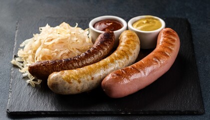 assorted sausages with mustard and sauerkraut on a slate background high resolution