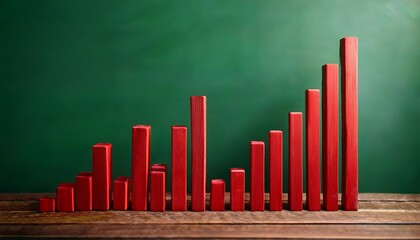 a red bar graph with descending columns is displayed on a dark wooden surface against a green background representing a downward trend or decline