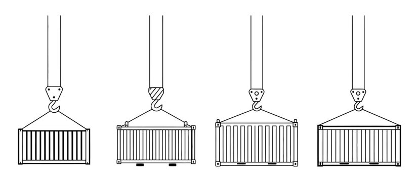 Shipping container being lifted by crane hook in port logistics, vector illustration showing industrial cargo handling, freight transport, and dockyard operations for shipping and transport graphics.