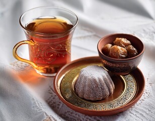 a glass of tea served on a decorative plate alongside a clay bowl filled with a sweet dessert arranged on a textured white tablecloth