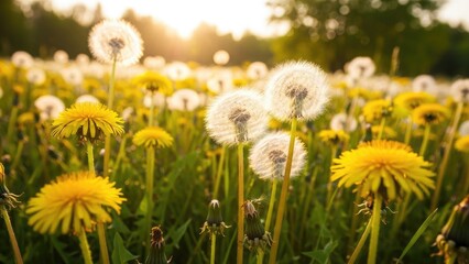 Obraz premium A serene field of dandelions in bloom during sunset