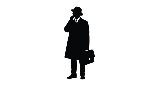 A distinguished man in a coat and hat stands with a briefcase depicted as a striking silhouette