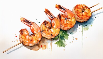 a watercolor grilled shrimp skewer on a plain white background