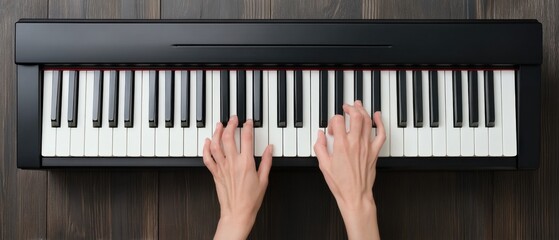 Aerial View of Hands Playing Piano on Dark Wood Surface, Capturing the Beauty of Passionate Musicianship