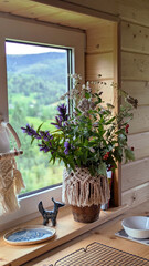 A vase with a bouquet of wildflowers  on a windowsill