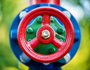 a close up of a bright red valve wheel against a blurred green background symbolizing industrial control or piping systems