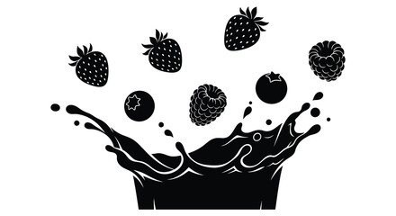 A dynamic splash of dark liquid erupts upwards scattering various berries in a striking silhouette high quality professional © Ajahar