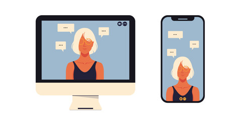 Woman on video call screen communicating online