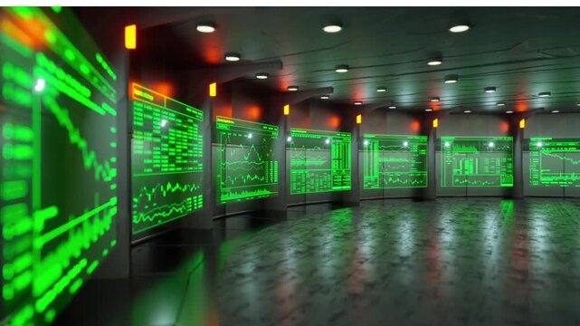 Futuristic data center server room with glowing green neon lights high tech digital infrastructure cyber security