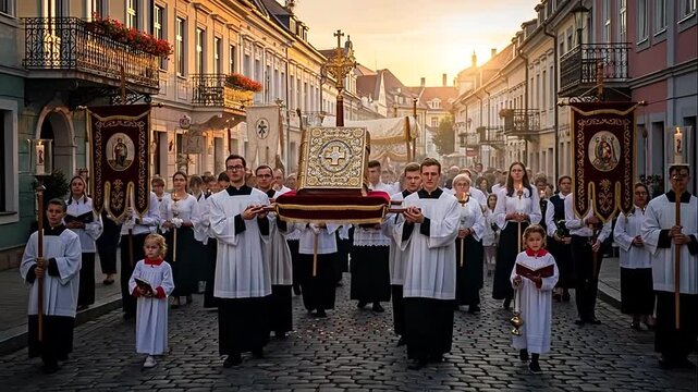 Reverent Religious Procession with People in White Robes Carrying Ornate Golden Object Down Cobblestone Street at Golden Hour Sunset