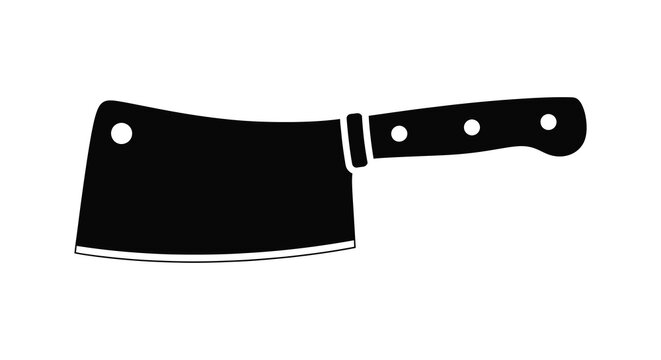 A stark black silhouette depicts a cleaver a heavy kitchen tool against a plain white background silhouette