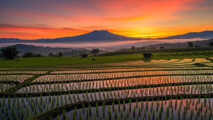 A serene landscape of rice fields at sunset with mountains in the background