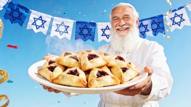 A happy elderly Jewish man with hamantaschen cookies on blue sky background with a garland with hexagrams and streamers. The festive, joyful, carnival atmosphere of Purim holiday