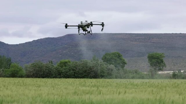 Aerial crop duster spraying pesticide over lush green rice field in rural agricultural landscape 4k