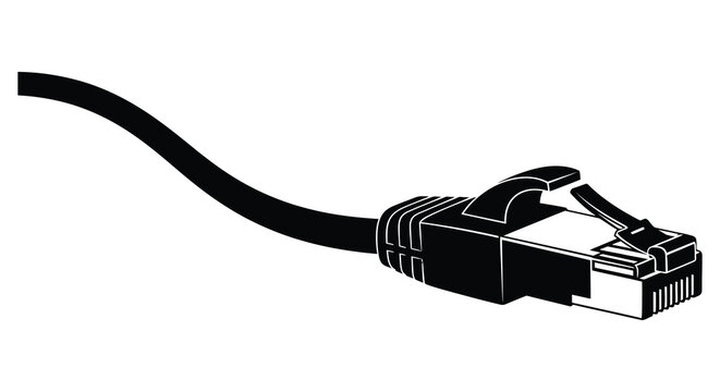 A stark black silhouette depicts a rj45 ethernet cable connector highlighting modern data transmission technology silhouette high quality