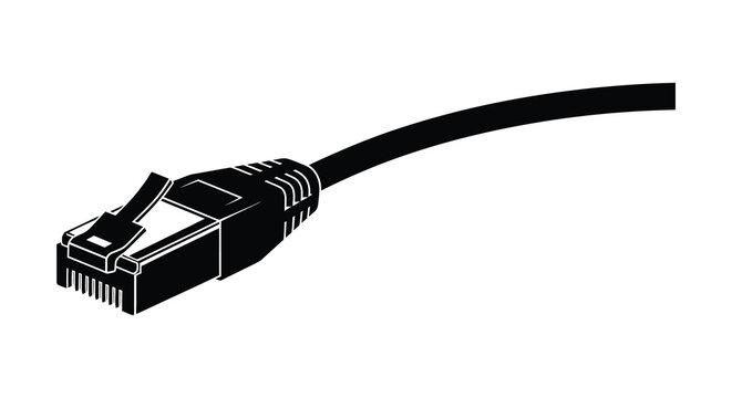 A detailed black outline depicts a rj45 ethernet cable connector showcasing modern technology and network connectivity silhouette