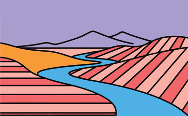 A stylized, abstract river flows through a landscape of colorful rolling hills and distant mountains.