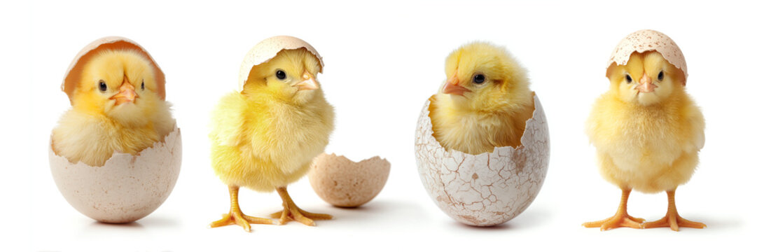 Set of four funny yellow newly hatched small baby chicks with cracked eggshells isolated on white background, spring and Easter celebration