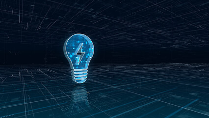 Futuristic digital light bulb with lightning symbol representing innovation and energy technology