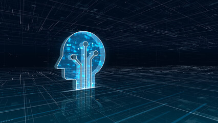 Human head silhouette with digital circuit lines representing artificial intelligence, machine learning, and cognitive technology in a futuristic grid environment.