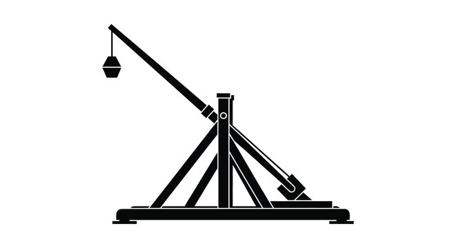 A stark black silhouette depicts a medieval trebuchet a siege weapon used for hurling projectiles silhouette high quality