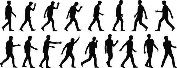 Fototapeta premium Collection of walking man silhouettes in varied poses, male motion sequence isolated on clean background vector illustration reference set