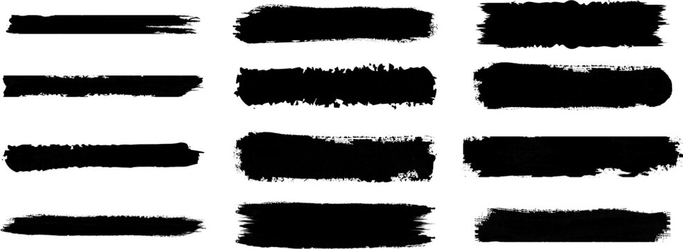 Black Hand Drawn Straight Brush Stroke Lines Vector Featuring Grunge Smears, Thick Paint Texture, Asian Chinese or Japanese Calligraphy Brushstrokes and Sketch-Style Rectangle Text Boxes