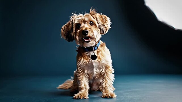Adorable Dog Posing for a Portrait with a Blue Background.