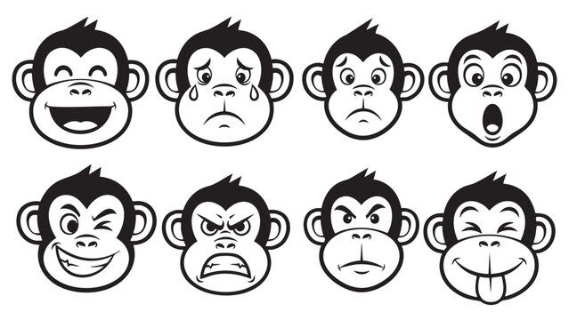 Eight funny and emotional cartoon monkey faces expression set