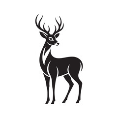 Fototapeta premium Majestic black and white vector silhouette of a stag with impressive antlers, standing gracefully, detailed minimalist design of a wild deer on a pure white background