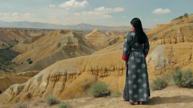 Women in ethnic costumes look out at the Danxia landform and the desert of female travelers