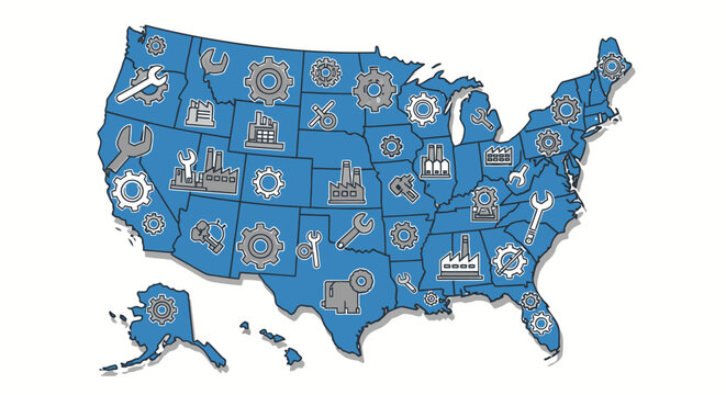 United States Map Illustration Featuring Industrial and Mechanical Icons for Engineering, Manufacturing, and Technology Sectors