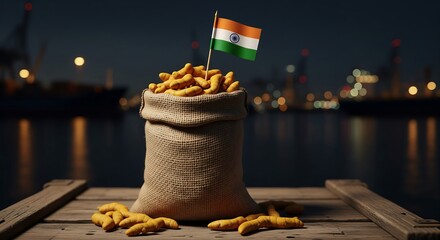 Turmeric roots in burlap sack with Indian flag on dock at night