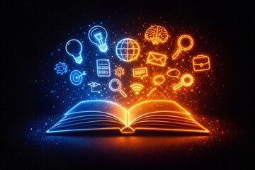 Neon Education Icons Emerging From Open Book