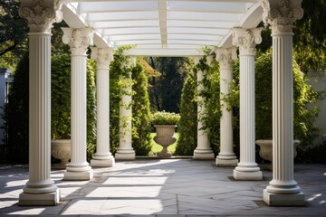 Obraz premium Elegant white pergola with classical columns framing a serene garden view, creating a peaceful outdoor space