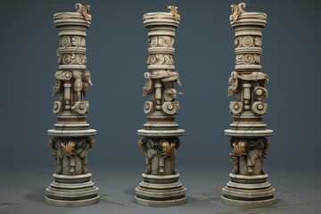 Obraz premium Three weathered marble columns showcasing intricate carvings and golden accents, evoke a sense of history and grandeur