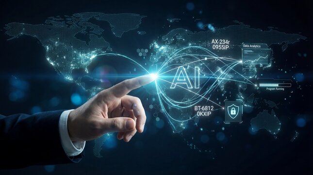 Hand pointing at glowing AI text over world map network. Global artificial intelligence connectivity and future technology concept for business.
