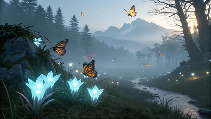 Magical Fantasy Landscape with Glowing Flowers and Butterflies at Dusk, Mystical Forest Valley