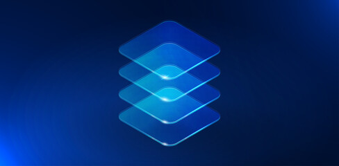 Abstract vertical glass blocks symbolizing scalable digital systems, AI architecture and data growth. Futuristic blue technology background with transparent shapes, minimal design and copy space.