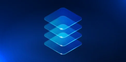 Fotobehang Restaurant Abstract vertical glass blocks symbolizing scalable digital systems, AI architecture and data growth. Futuristic blue technology background with transparent shapes, minimal design and copy space.  © Hilch