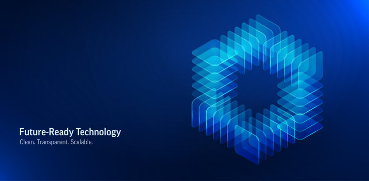 Abstract glass loop symbolizing continuous digital process, data flow and system integration. Futuristic blue technology background with transparent shapes and copy space.