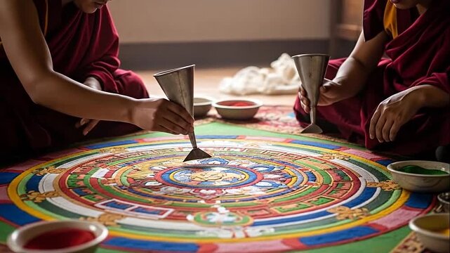 Hands of monks creating a colorful sand mandala, intricate spiritual art, traditional Buddhist ritual