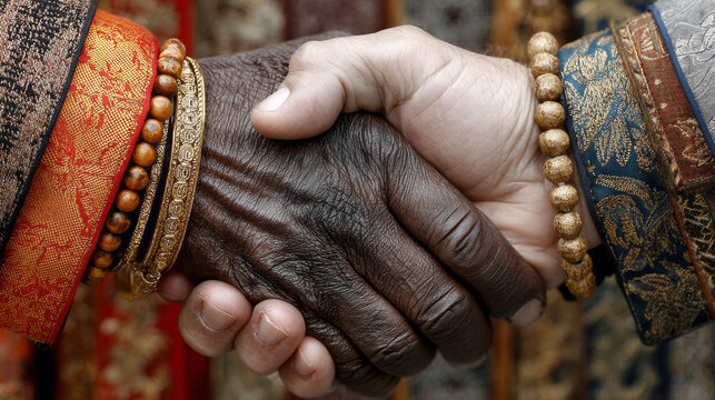 Elderly dark-skinned hand with traditional beaded bracelets and red embroidered fabric holding a younger light-skinned hand in blue cloth. Symbolizes intergenerational respect, cultural heritage