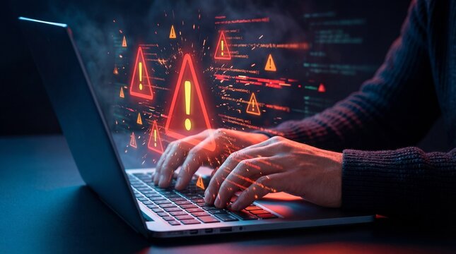 Hands typing on laptop with red warning icons and code, cyber attack alert, system failure, digital security threat concept
