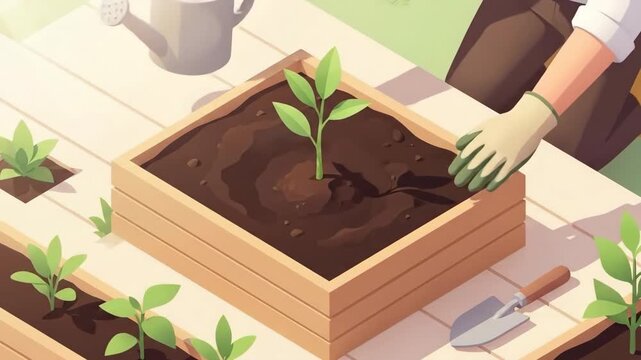 Peaceful person planting a green seedling in a bright vector illustration style