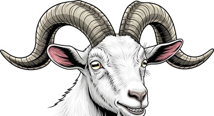 White goat with large curved horns and pink ears