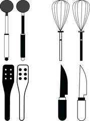 Isolated vector illustration of a professional set of kitchen tools and knives made of black steel and metal equipment objects on a white background
