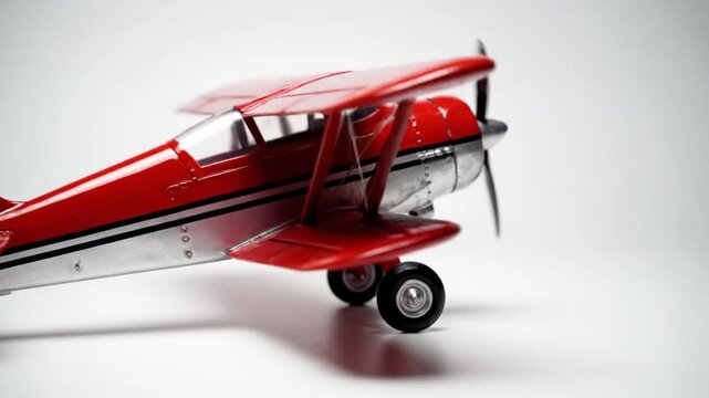 Red biplane toy model airplane on clean white background