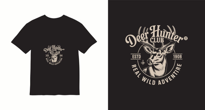 Rustic deer hunter adventure emblem featuring majestic buck head and vintage typography on black background
