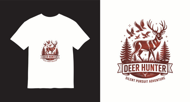 Deer hunter silent pursuit adventure graphic featuring majestic buck with flying birds and pine forest